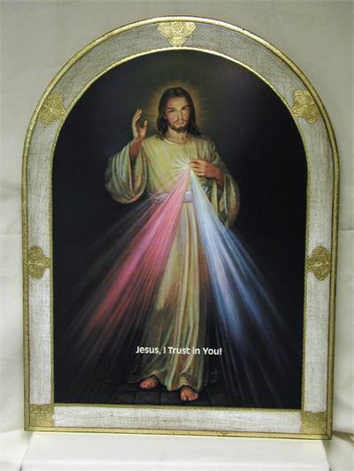 Divine Mercy Florentine Plaque, Bell Shaped, white and gold border, "Jesus, I Trust in You!", 23" x 31". Made in Italy., 96267