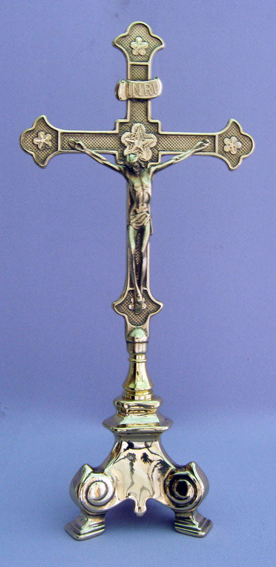 13" Standing Brass Crucifix, 3-legged base, Made in Italy, 96323