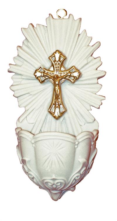 5" Holy Water Fonts, White Alabaster with Gold Cross, 2-Count Value Pack, # 9643