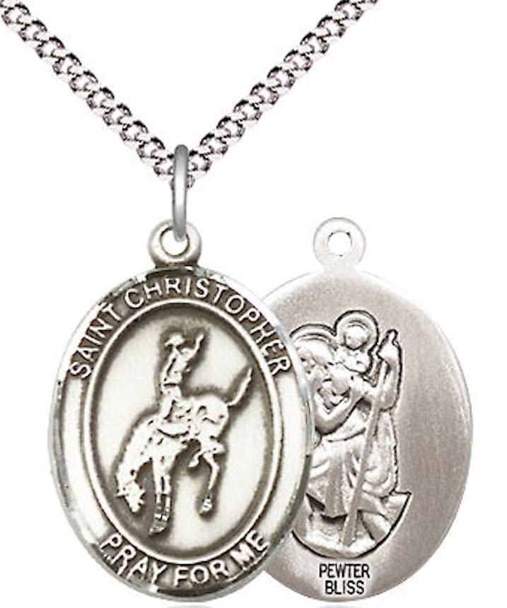 Rodeo / St. Christopher Medal in Fine Pewter, 3/4", Your Choice of Chain # 17388