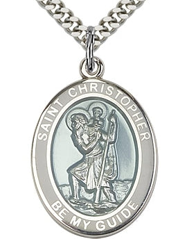 St. Christopher Medal, Sterling Silver, White and Blue Enamel, Your choice of chain, # 97092