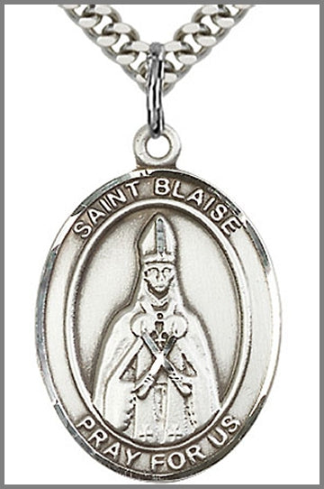 St. Blaise Medal, Sterling Silver, 1"x3/4", Your choice of chain, # 97102