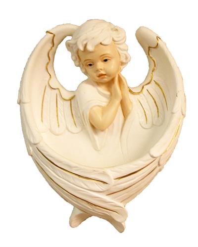 Angel holy water font, 6" in Hand Painted Resin, 97243