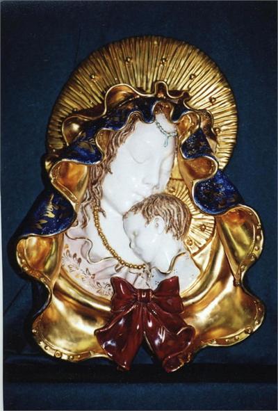 Madonna and Child wall plaque in hand- painted and hand-crafted ceramic, 17" tall. Made in Italy., 97397