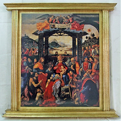 Adoration of the Magi by Ghirlandaio Florentine plaque with a heavy, gold-painted wood frame, 39" x 38". Made in Italy., 97405