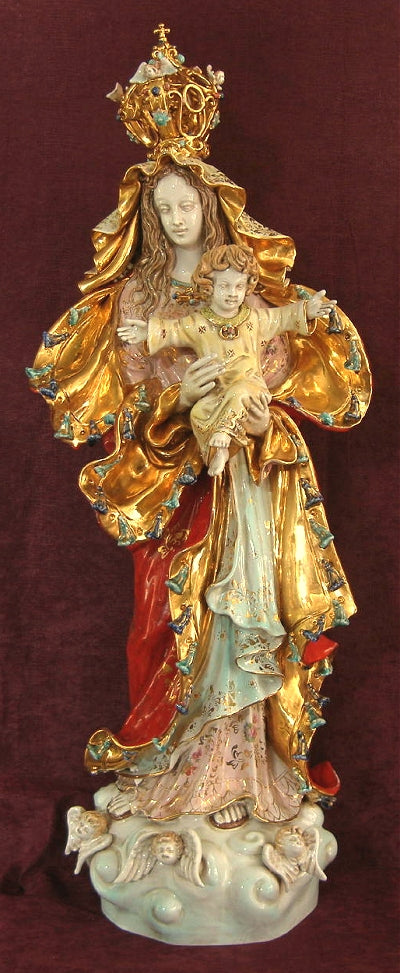 O.L. Queen of Peace with Child and Crown, hand-painted and hand-crafted ceramic, 38". Made in Italy., 97455