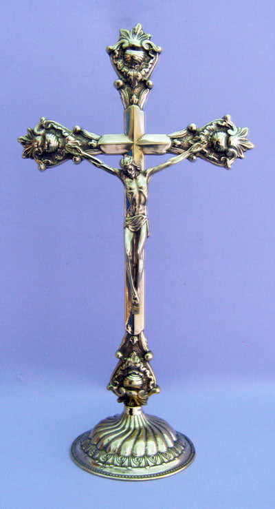 A beautiful Shiny Brass Standing Crucifix, Round Base, 14-1/2" tall, Made in Italy., 97498