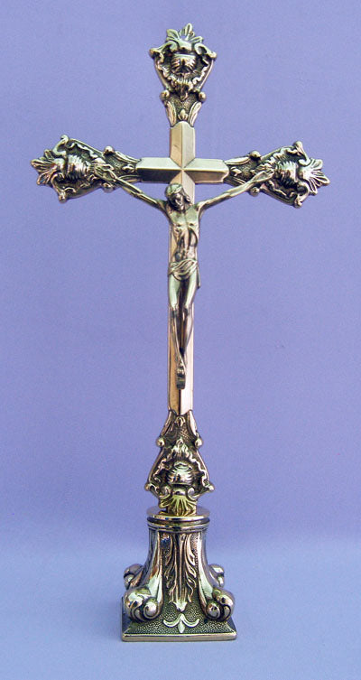 A beautiful Shiny Brass Standing Crucifix, Pillar Base, 14-1/2" tall, Made in Italy., 97499