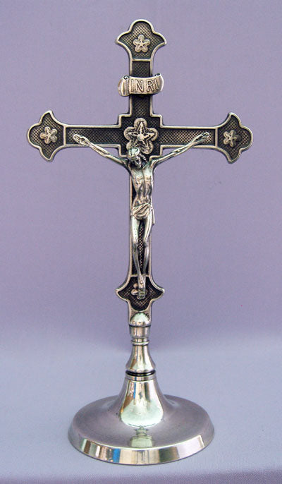 11.5" Standing Brass Crucifix, Round Base, Made in Italy, Silver Plated, 97500