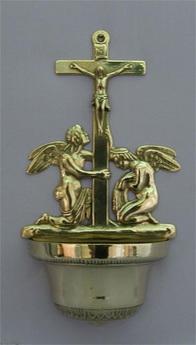 Crucifixion with Angels font, 12", Made in Italy, Shiny Brass, 97513