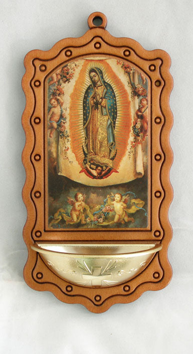 A beautiful Our Lady of Guadalupe Font, metal bowl, 3 1/2"x7". Made in Italy, Wood color, 97549