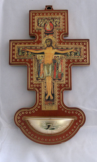 A San Damiano holy water font with a gold bowl, 4 1/2"x8". Made in Italy, # 97550