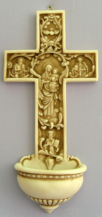 A beautiful True Church Cross Font in antiqued alabaster, 12". Made in Italy., 98716