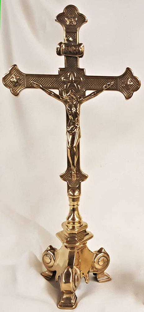Double sided standing Crucifix, shiny brass, 13", # 21960