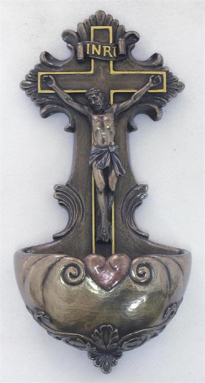 6-3/4" Cold Cast Bronzed Resin Holy Water Font, # 99379