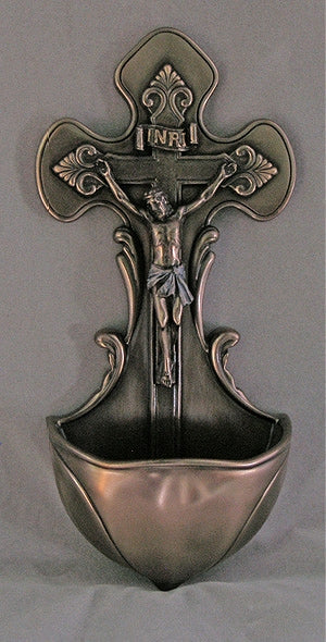7.5" Cold Cast Bronzed Resin, Crucifix Holy Water Font, # 99394