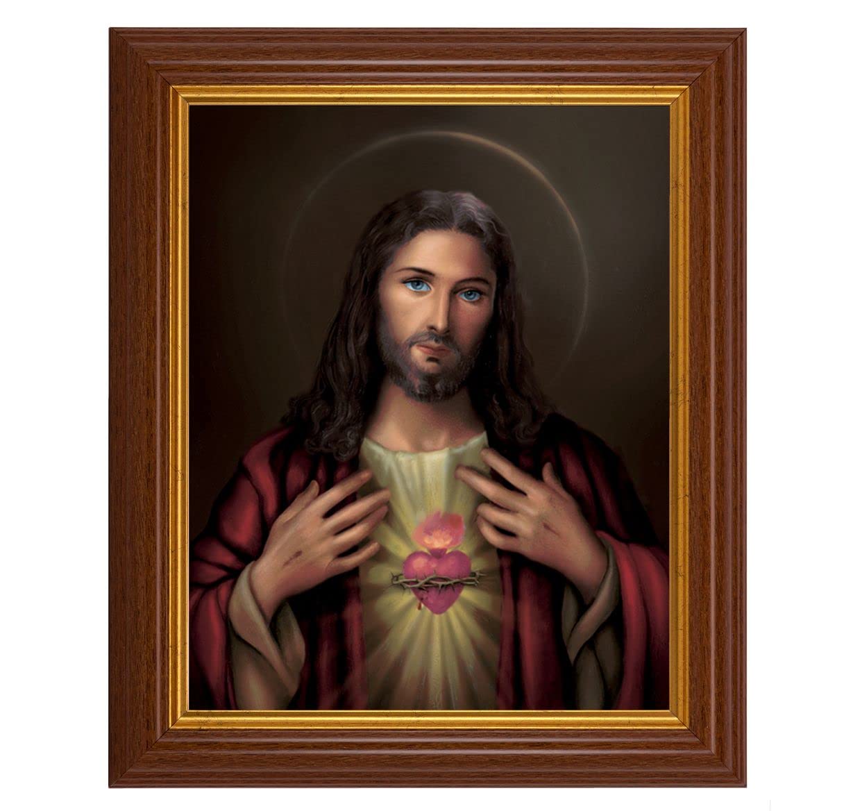 Sacred Heart of Jesus, 10.5"x12.5" Walnut Finished Fluted Frame, Gold Beaded Lip, Italian Print # 26956