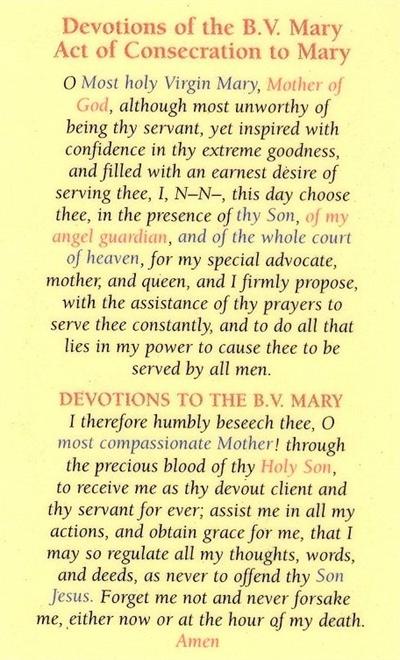 Devotions of the B.V. Mary Act of Consecration to Mary, Laminated Holy Card,. # 99760.