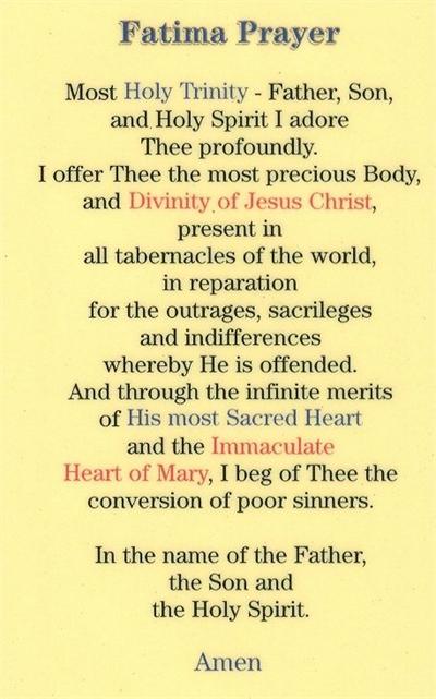 Fatima Prayer, Laminated Holy Card,. # 99775.