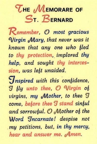 The Memorare of St. Bernard, Laminated Holy Card,. # 99783.