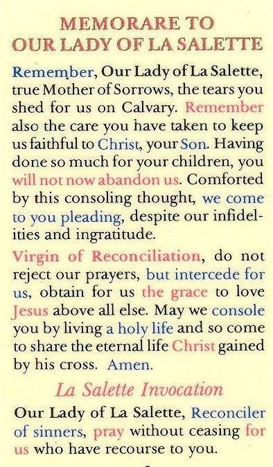 Memorare to Our Lady of La Salette, Laminated Holy Card,. # 99802.