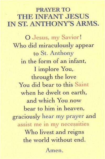 St. Anthony w/ Infant Jeus Laminated Holy Card, # 99808