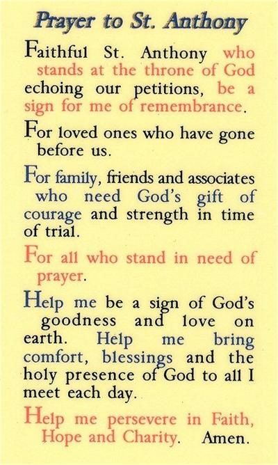 St. Anthony Laminated Holy Card, # 99810