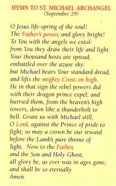 Hymn to St. Michael Archangel, Laminated Holy Card,. # 99819