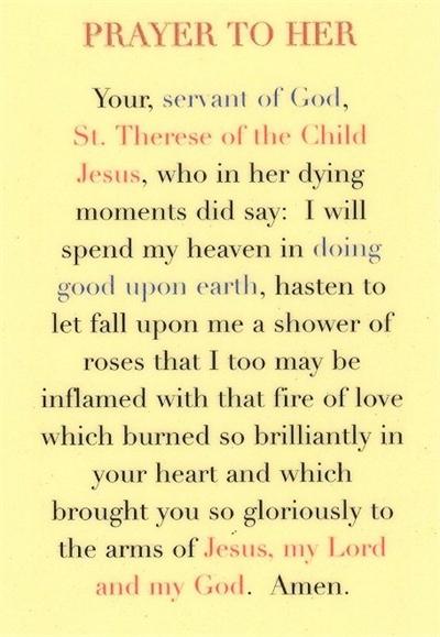 Prayer to St. Therese of the Child Jesus, Laminated Holy Card,. # 99825.