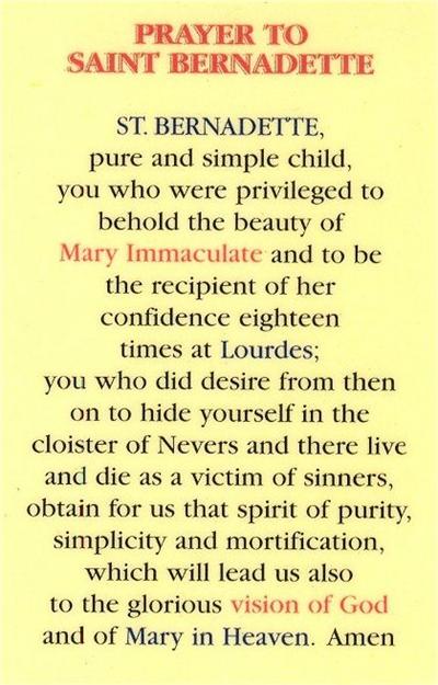 Prayer to St. Bernadette Laminated Holy Card, # 99847