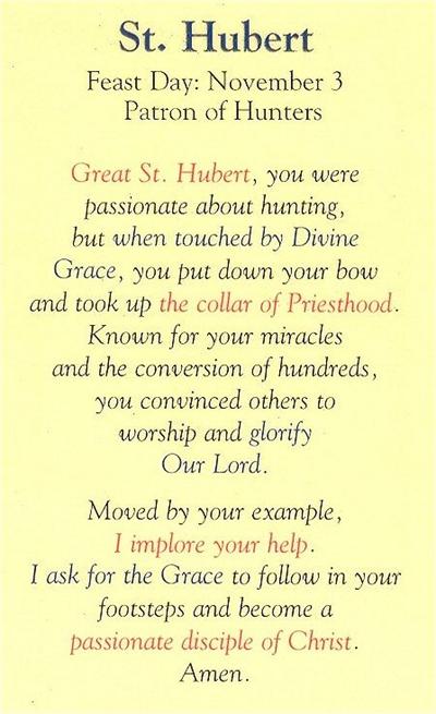 Prayer to St. Hubert, Laminated Holy Card,. # 99867.