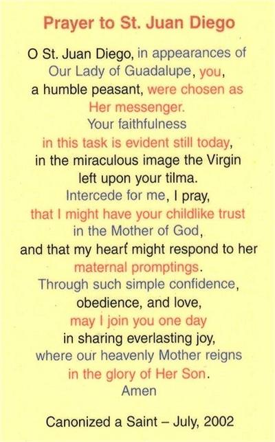 Prayer to St. Juan Diego, Laminated Holy Card,. # 99874.
