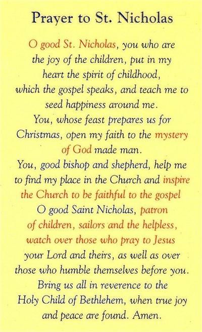 Prayer to St. Nicholas, Laminated Holy Card,. # 99895.