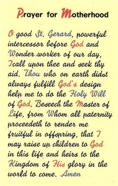 Prayer for Motherhood, Saint Gerard, Laminated Holy Card,. # 99927.