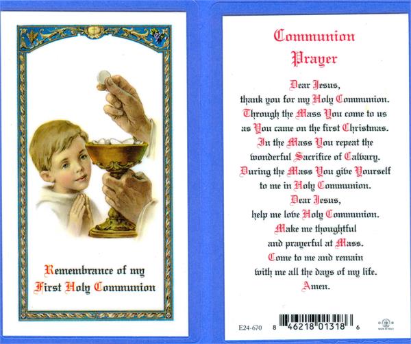 Communion Prayer For Boys Laminated Holy Card, # 99959