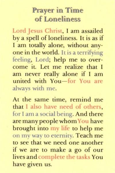 Prayer in Time of Loneliness, Laminated Holy Card,. # 99993