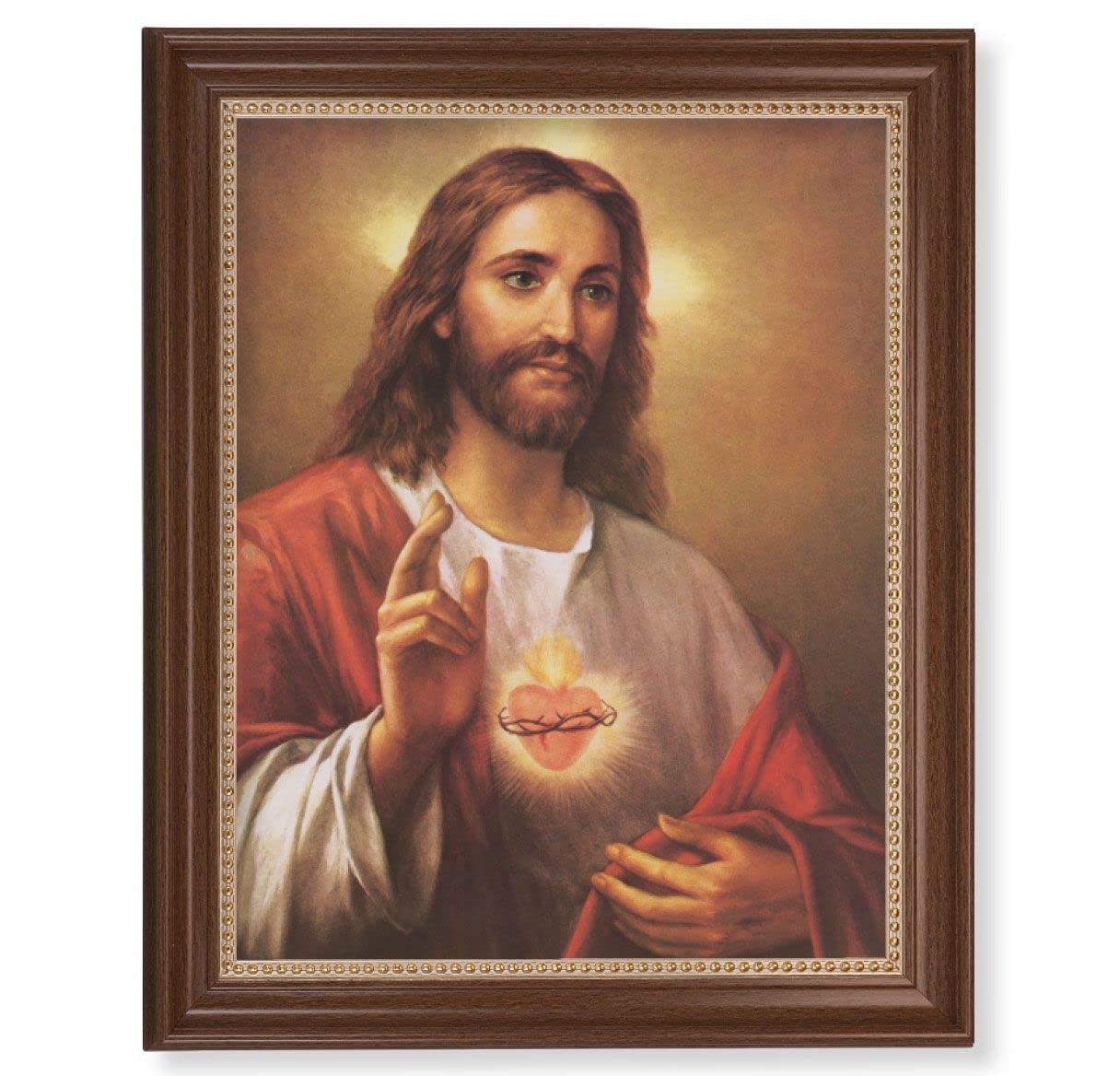 LaFuente: Sacred Heart Picture, 13-1/2"x16-9/16 Walnut Finish Frame with Gold Beaded Lip, Textured Italian Print # 22267