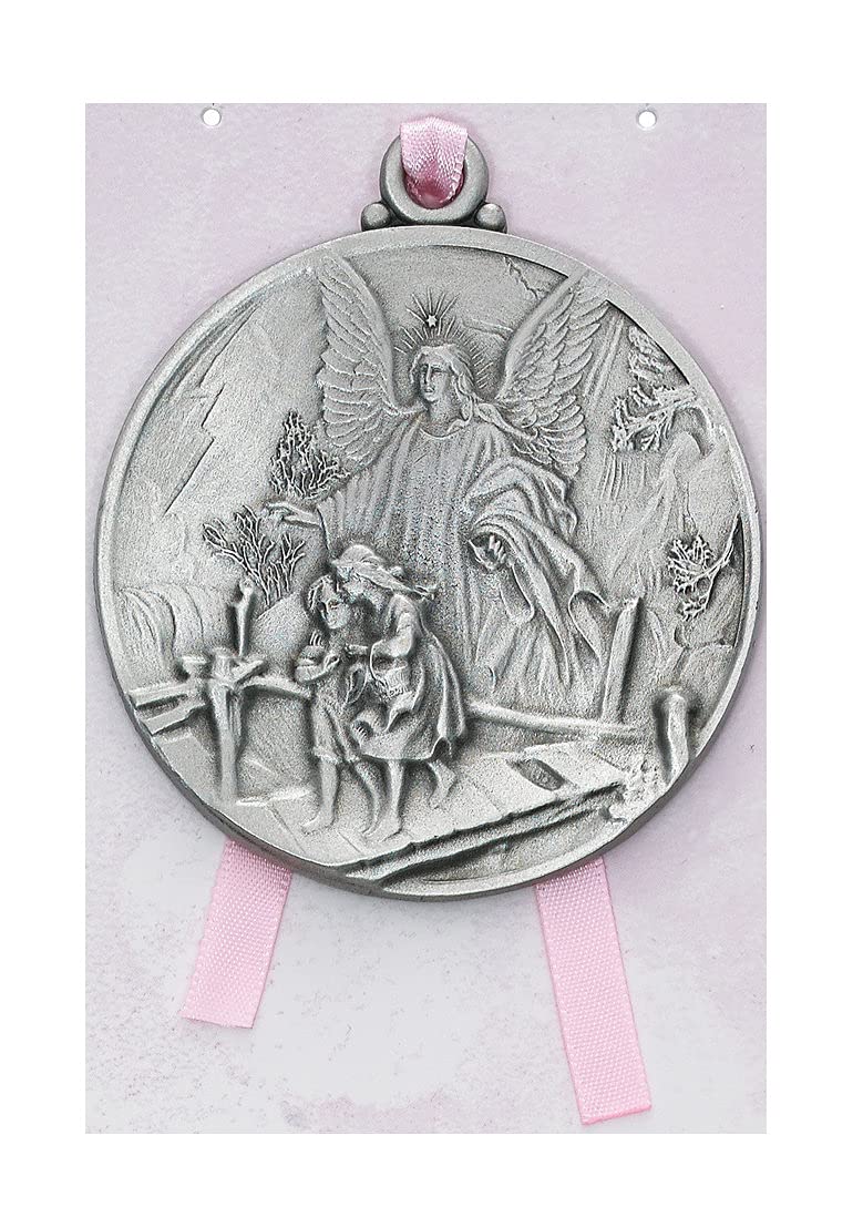 Guardian Angel Crib Medal with Pink Ribbon, Fine Pewter, 2-Count Value Pack 2-1/2" # 21560
