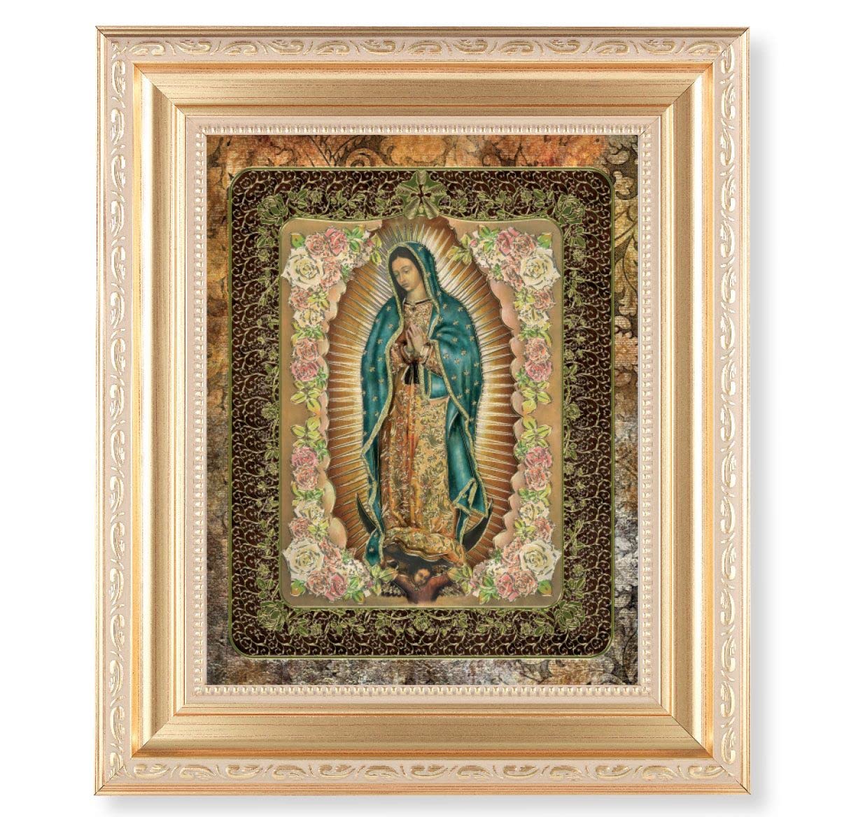 Our Lady of Guadalupe, 11.5"x13.5" Satin Gold Frame, Distressed Finish with Scrollwork, Gold-Stamped Print Under Glass # 26564