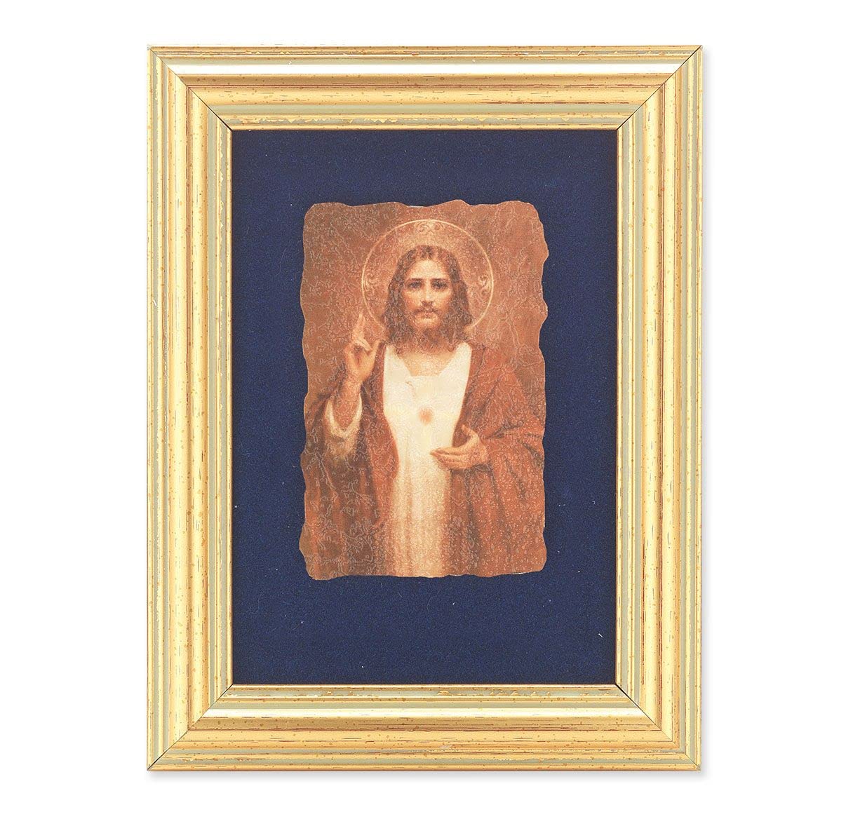 Chambers: Sacred Heart of Jesus Picture, Antique Gold 5" x6-1/2 Frame, Image Centered On Blue Velvet Matting # 28111