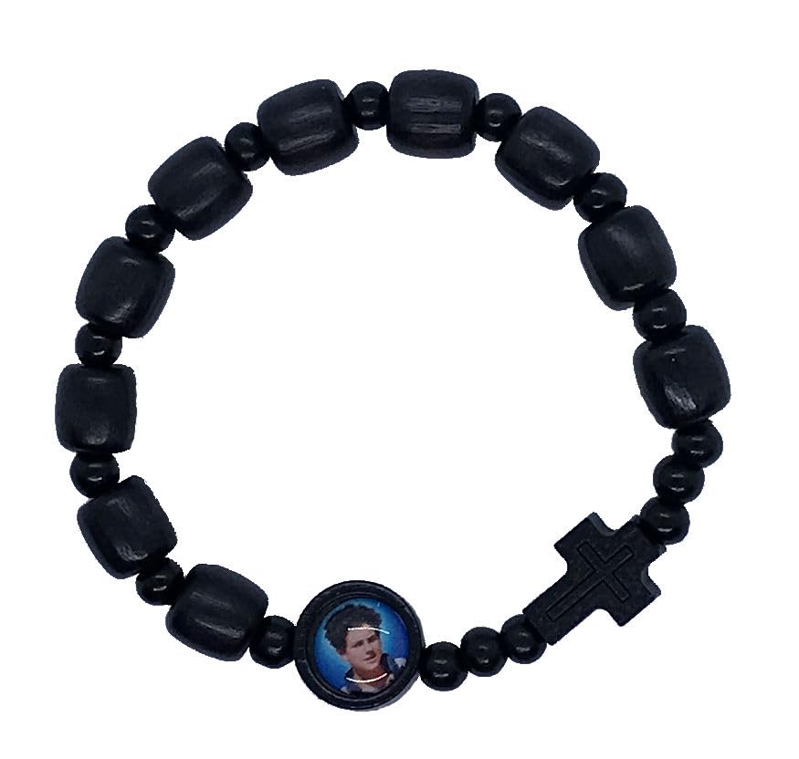 Carlo Acutis Stretch Rosary Bracelet, 9mm Black Wood Beads, Photo Bead & Cross, 2-Count Value Pack # 2867