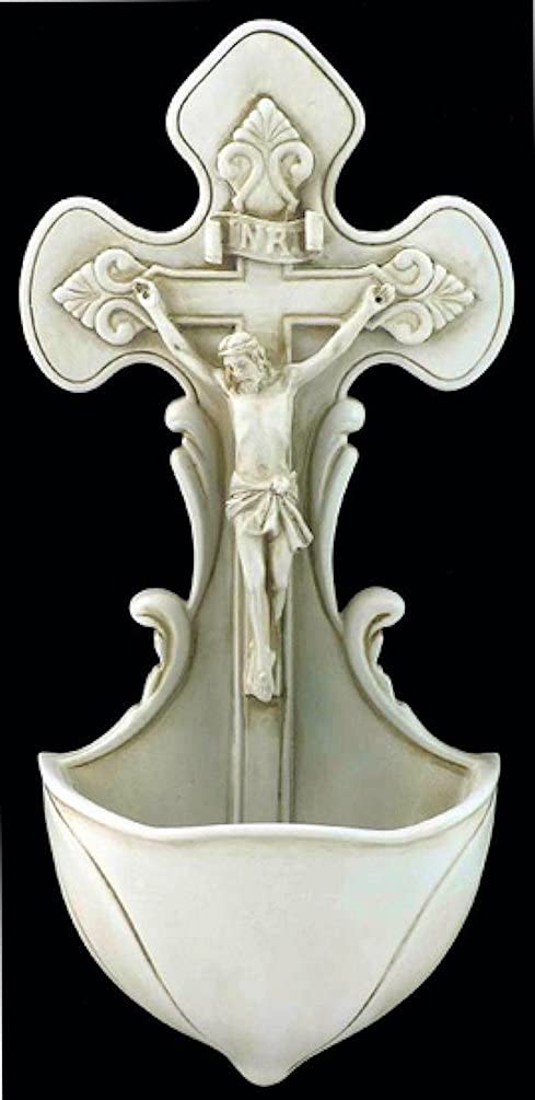 7.5" Crucifix Holy Water Font, Antiqued Veronese Resin # 17759