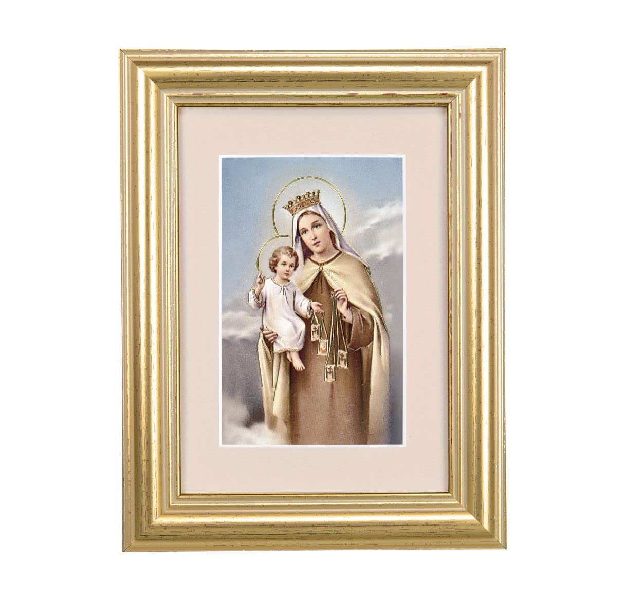 Our Lady of Mount Carmel Picture, 5"x6.5" Antique Gold Fluted Frame, Behind Cream Velvet Matting # 28240