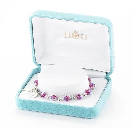 6mm Aurora Borealis Fuchsia Rosary Bracelet, All Sterling, 7.5", # 29465