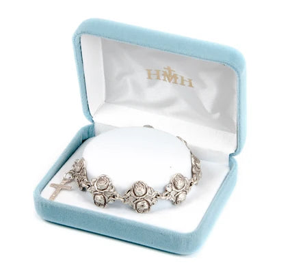 Solid Sterling Silver Double Rose Bud Bead Bracelet with Patron Saints, # 21914