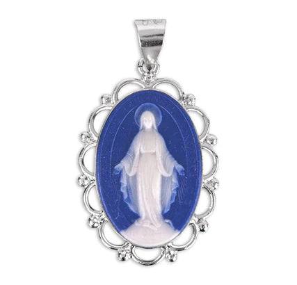 1-3/4" Sterling Silver & Blue Miraculous Medal Cameo, 24" Stainless Curb Chan, # 41793
