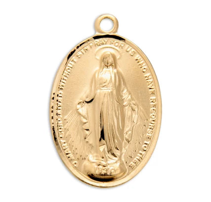 16kt Gold over Sterling Silver Miraculous medal, 3/4" 18" Gold Plated Curb Chain, #104436,