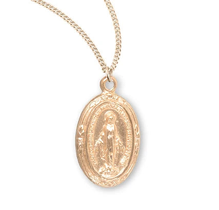 16kt Gold over Sterling Silver Miraculous medal, 11/16", 18" Gold Plated Curb Chain, #104479