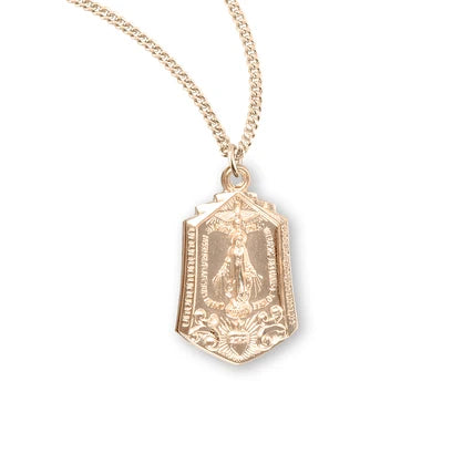 16kt Gold over Sterling Silver Miraculous Medal with Holy Spirit & The Immaculate Heart of Mary, 7/8", 18" Gold Plated Curb Chain, #104434