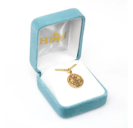 St. Benedict Medal, 16kt Gold over Sterling, 9/16" dia., 18" Gold Plated Curb Chain, # 41798